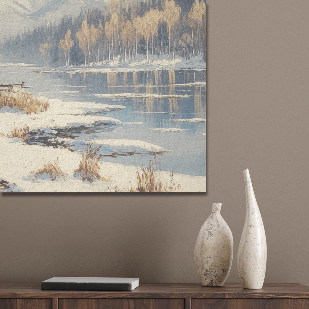 AKUSTIKBILD Winter - Schnee - Zuhause - Natur Akustikpaneele 90x60 cm - Hellbraun, Kunststoff (90/60/0.9cm) - MuchoWow