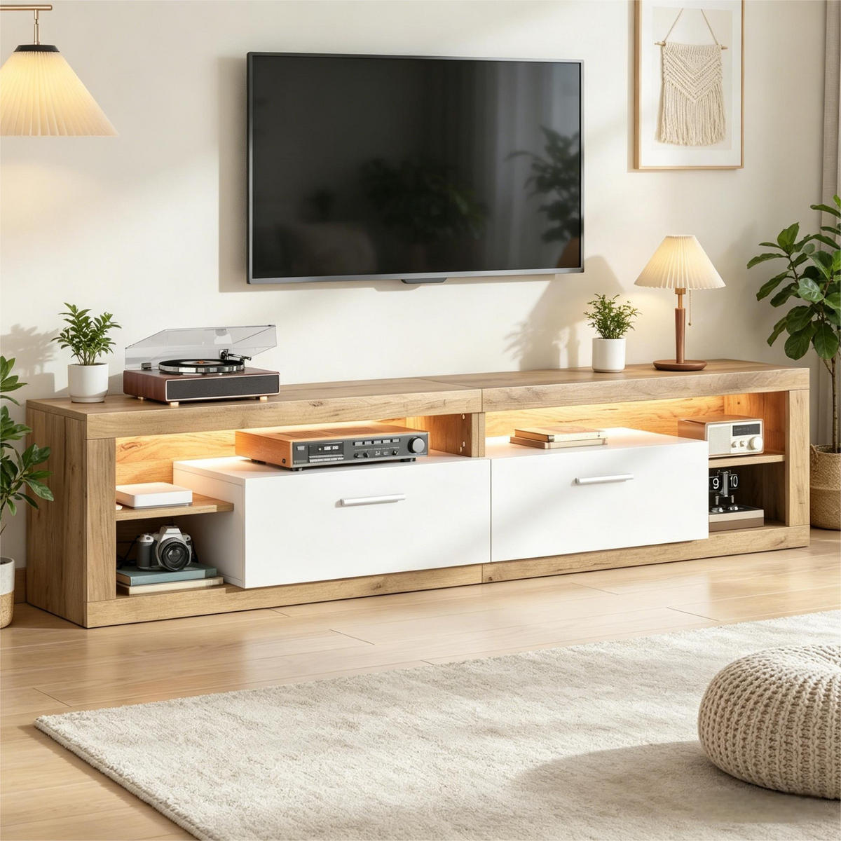 LOWBOARD in Naturfarben und Weiß mit LED und 2 Schubladen für Wohnzimmer, B180/T35.5/H50 cm - Naturfarben, Holzwerkstoff (180/50/35.5cm) - STILVORA