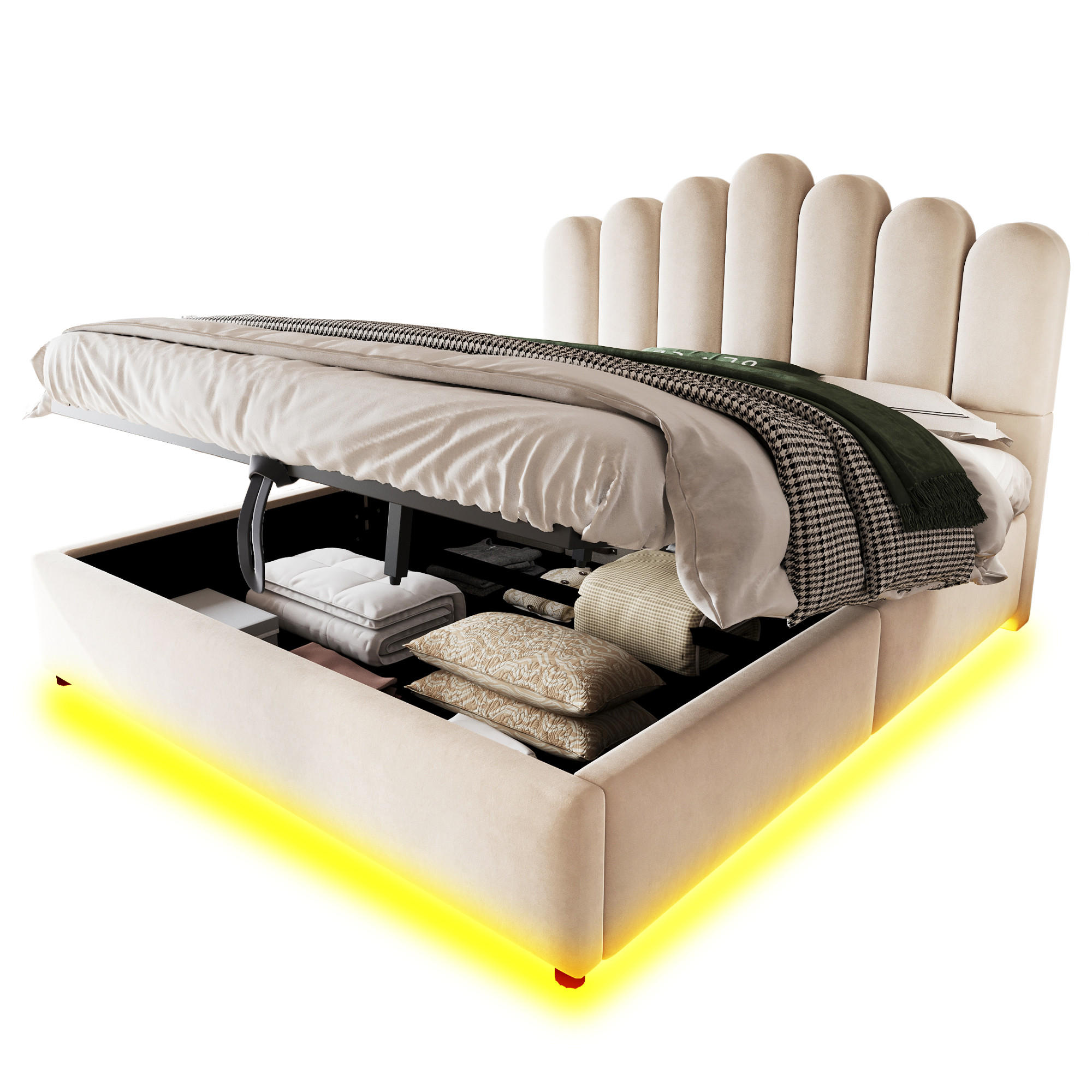 POLSTERBETT 140/200 cm in Beige mit Bettkasten, LED und gepolstertem Kopfteil aus Samt - Beige, Holzwerkstoff/Textil (140/200cm) - STILVORA