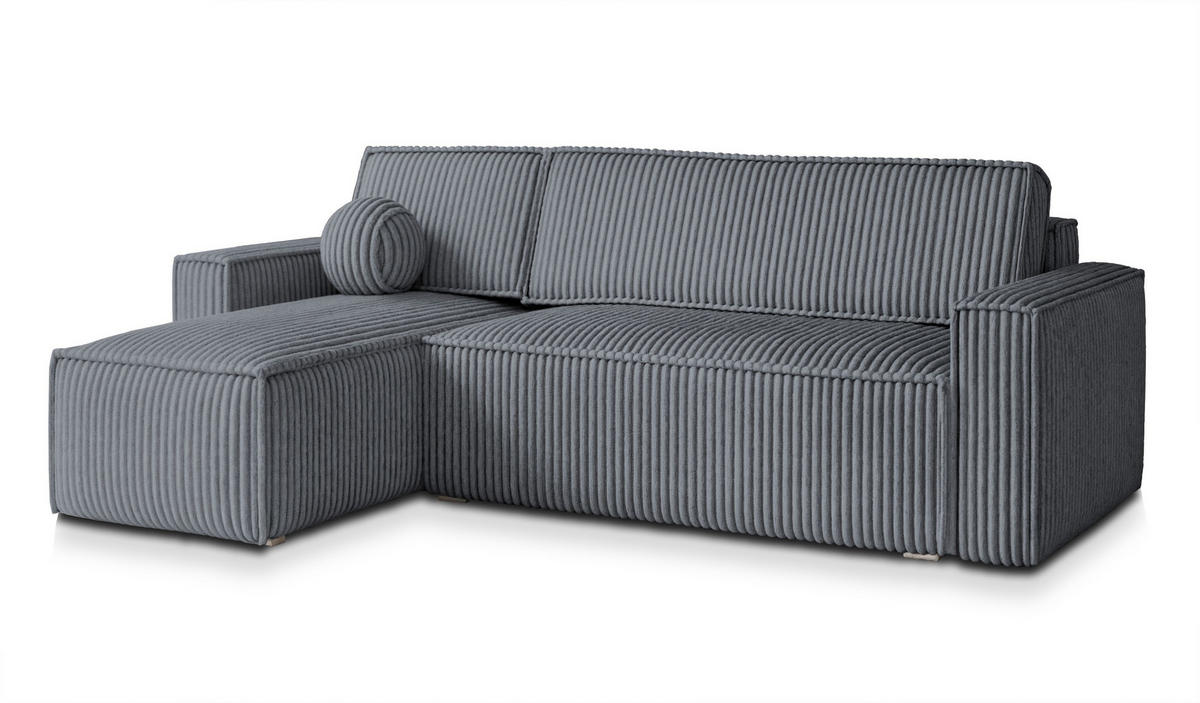 ECKSOFA RAVELO T Grau Kordstoff mit Schlaffunktion - Grau, Holz (240/140cm) - MASSENO