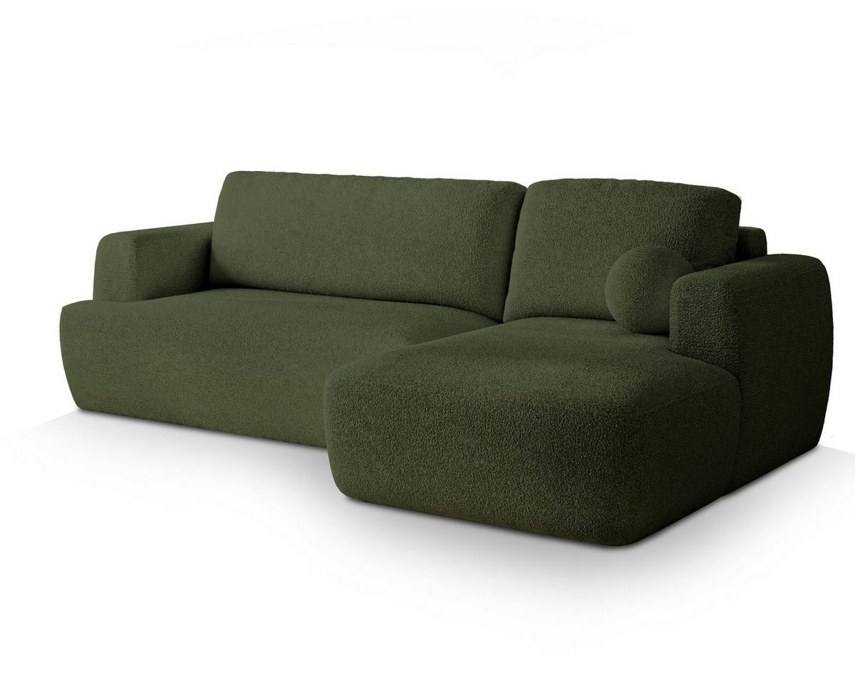 ECKSOFA SENTI N R-S Grün Boucle-Stoff mit Schlaffunktion - Grün, Holz (246/148cm) - MASSENO