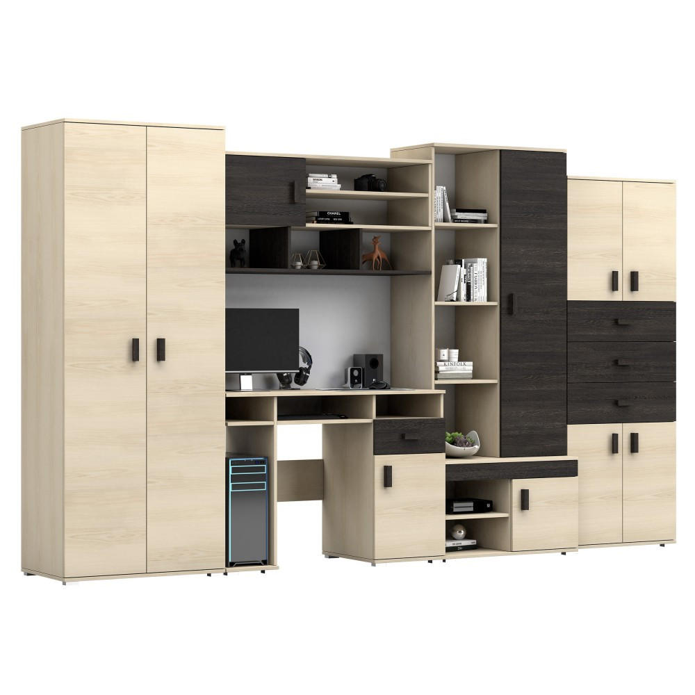 WOHNWAND 350/202/52 cm NELLY mit Schreibtisch Esche, Esche + Canterbury Eiche - Hellbraun/Schwarz, Holz (350/202/52cm) - imoebel24