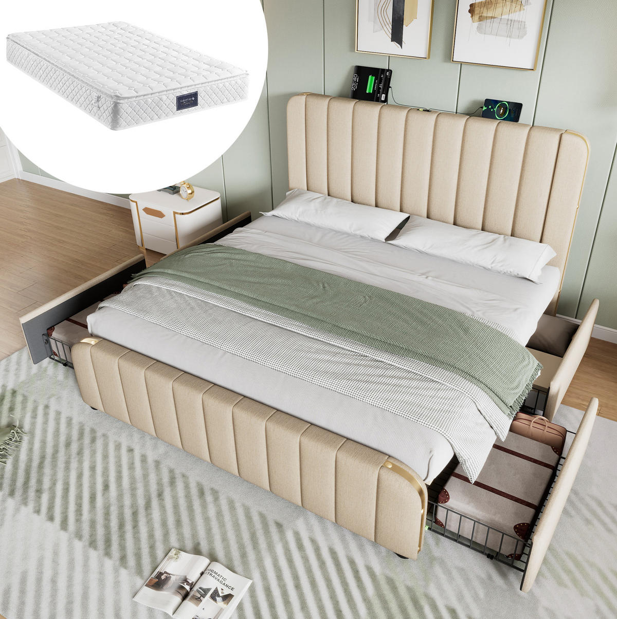 POLSTERBETT aus Leinen 140x200 cm in Beige mit USB-C & Matratze - Beige, Textil (140/200cm) - Modfu
