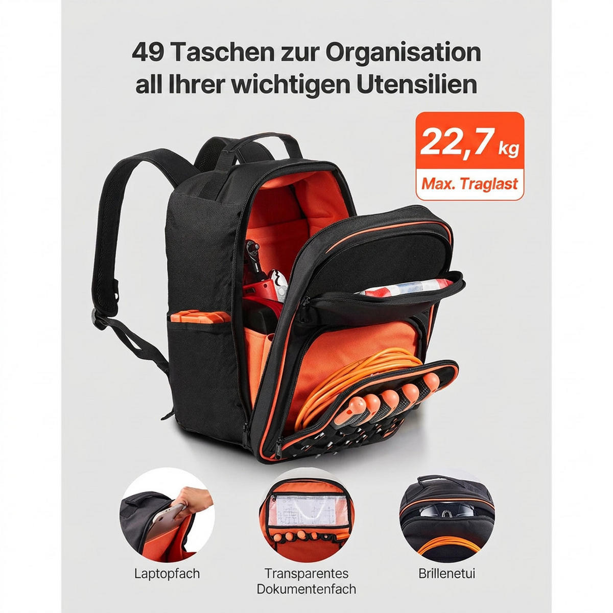 WERKZEUGTASCHE 49 Taschen Laptopfach-verstärkter Boden Elektriker - Schwarz, Textil (10/10/10cm) - Raelunyi