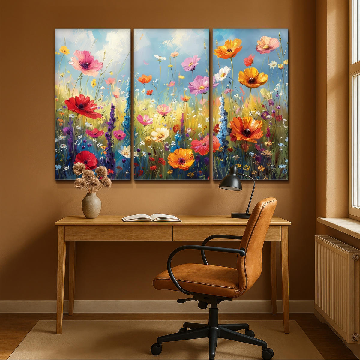 LEINWANDBILD 3er Set Blumen - Frühling - Farbenfroh - Sommerlich 180x120 cm - Orange, Textil (180/120cm) - MuchoWow