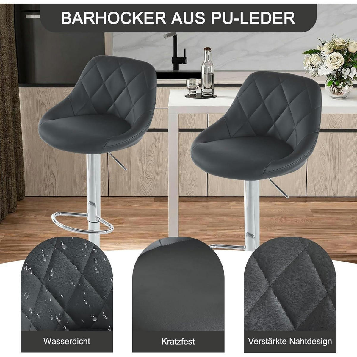 BARHOCKER 2er Set höhenverstellbar, drehbar, mit Rückenlehne aus PU in Schwarz - Schwarz, Kunststoff (40/83/40cm)
