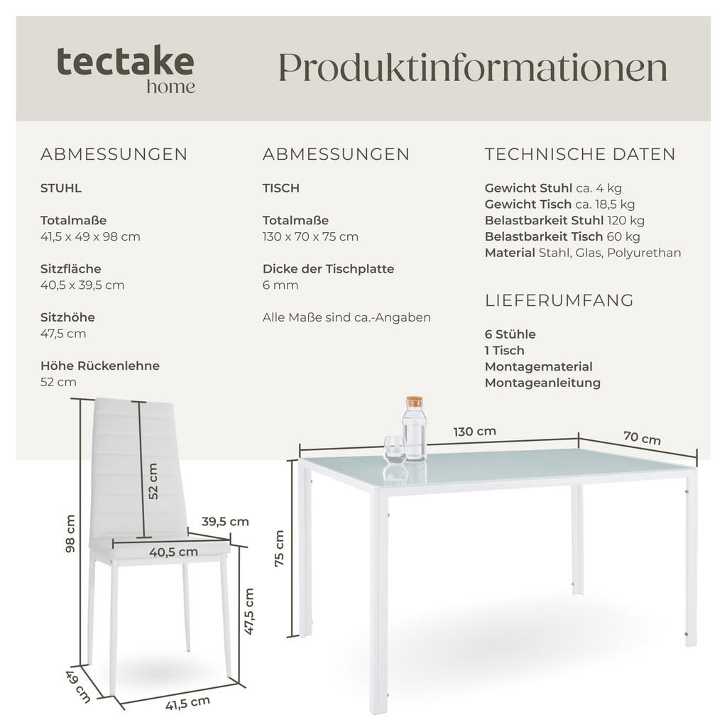 Thumbnail - tectake Esszimmergruppe, Weiß, Metall, Rechteckig, 90x98x150 cm, Esszimmer, Bänke, Tisch- & Eckbankgruppen