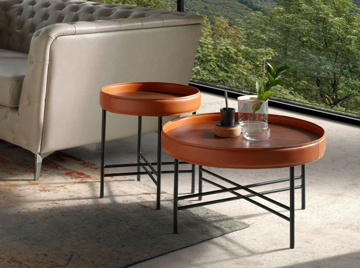 ECKTISCH Runder aus Ökoleder, Nussbaum und schwarzem Stahl Ø42/45 cm - Walnussfarben/Schwarz, Holz/Holzwerkstoff (42/42/45cm) - ANGEL CERDA