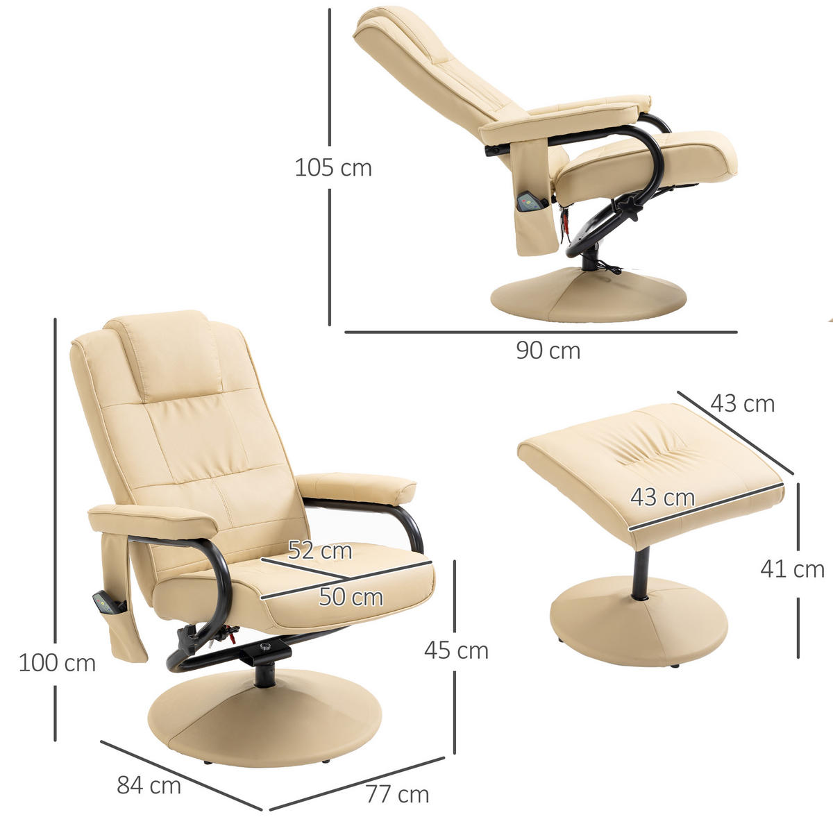 MASÁŽNÍ KŘESLO se stoličkou, relaxační křeslo s funkcí ležení, masážní funkcí, krém - bílá/černá, kov/plast (84/95/77cm) - HOMCOM
