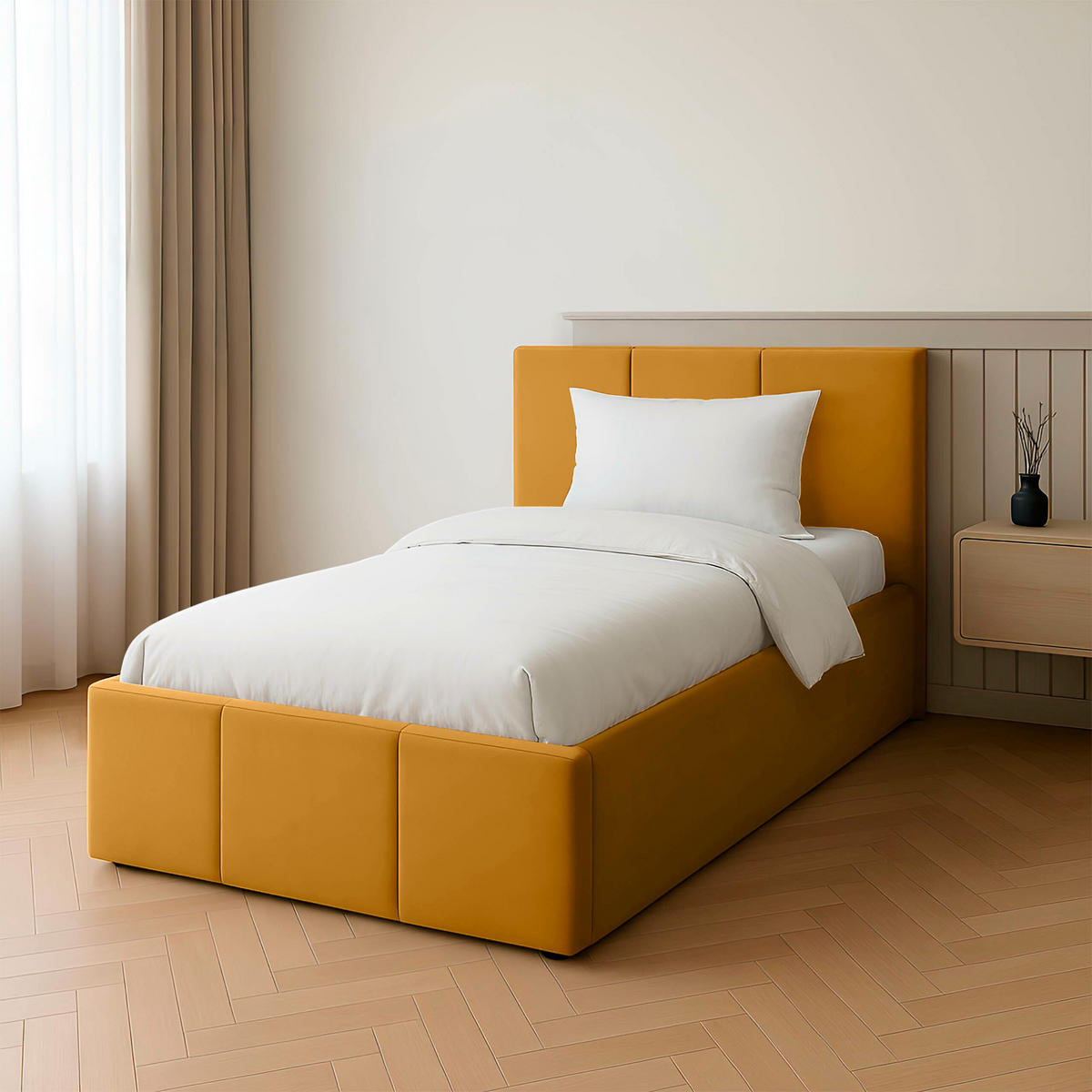 POLSTERBETT für Schlafzimmer Bett mit Stauraum Gelb 90x200cm Kopfteil 100cm - Gelb, Holzwerkstoff/Metall (90/200cm) - Muralo