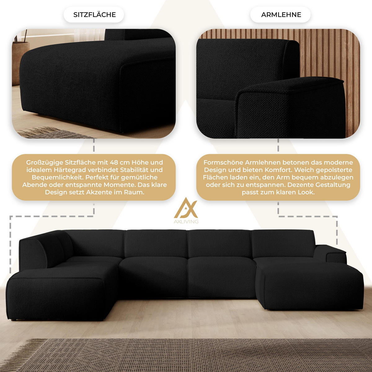 WOHNLANDSCHAFT Didim Schwarz 378/220/78 cm – großes Sofa stilvoll & bequem L - Schwarz, Kunststoff/Textil (220/78/378cm) - AX Living