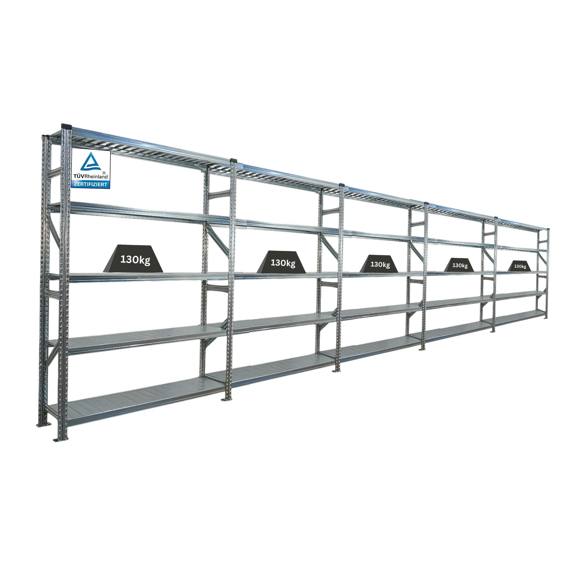 FACHBODENREGAL Proximo Stecksystem 200x750x32cm 5 Ebenen Fachlast 130 kg Beidseitig nutzbar Verzinkt - Silberfarben, Metall (750/200/32cm) - PROREGAL
