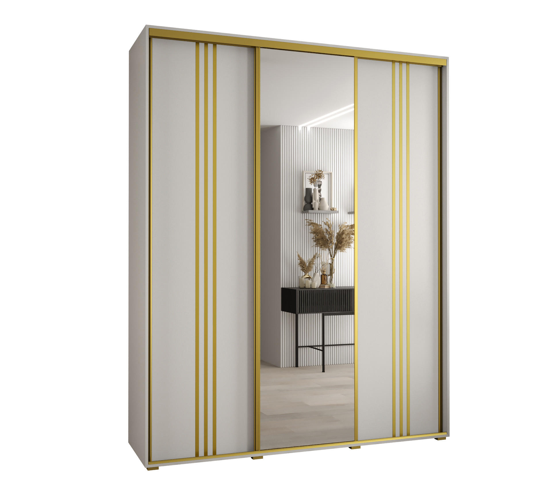 Abiks Möbel Schwebetürenschrank Weiß, Weiß, Gold 200x235x60 cm