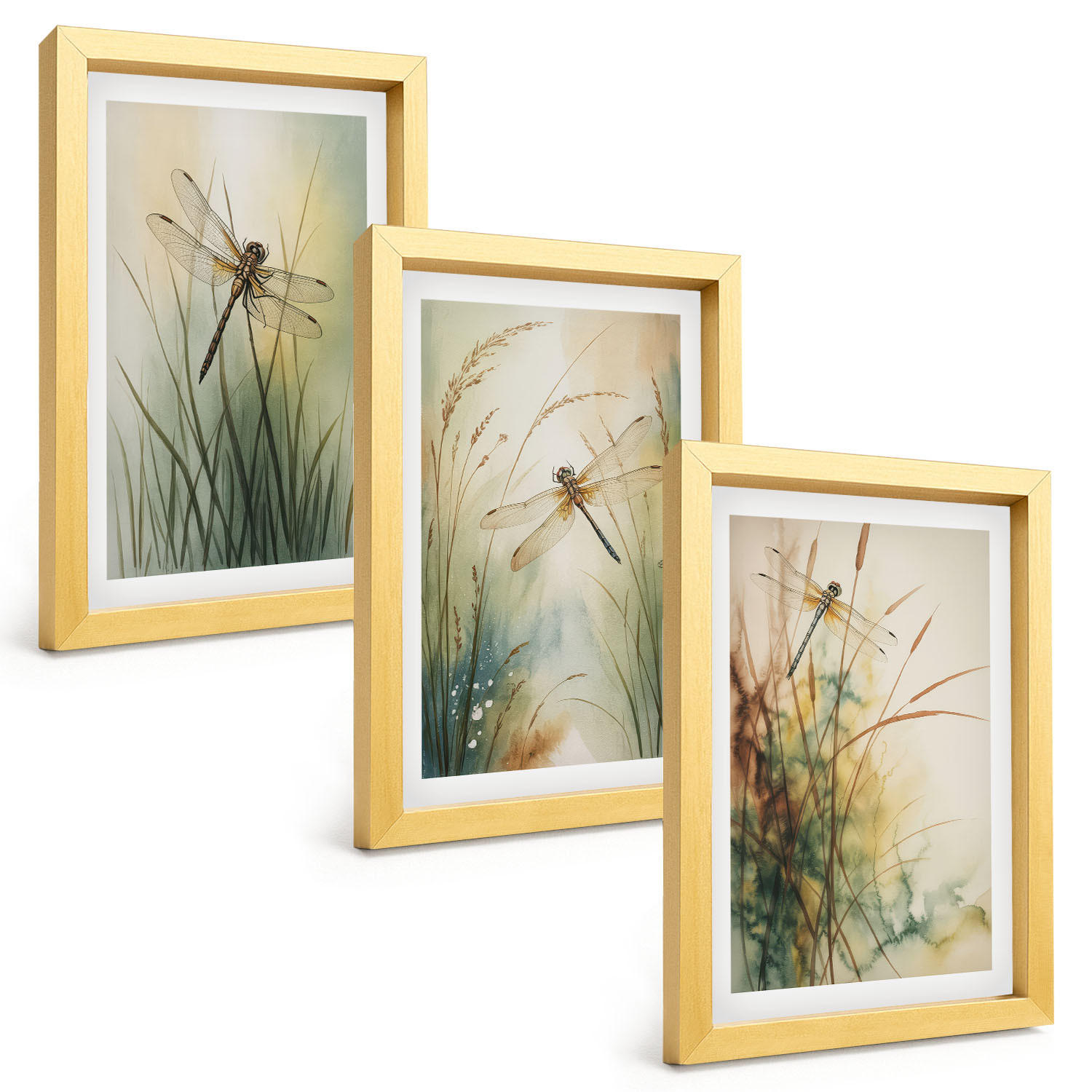 BILDER SET 3er Set - 20x30 cm Goldrahmen - Libellengräser über dem Wasser - Goldfarben, Kunststoff (20/30cm) - TULUP