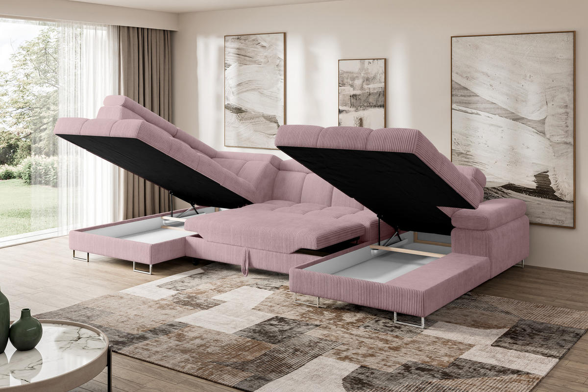 WOHNLANDSCHAFT mit Schlaffunktion und Bettkasten Ottomane Links COMA U 345x203x79 Rosa Cord - Rosa, Holzwerkstoff/Textil (345/79/203cm) - ALTDECOR