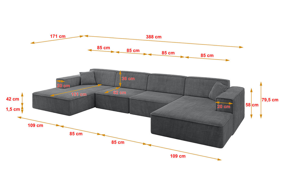 WOHNLANDSCHAFT IREA-U2-v4 - 388x171x79 cm Duneklgrau - Dunkelgrau, Holzwerkstoff/Textil (388/79/171cm) - ALTDECOR