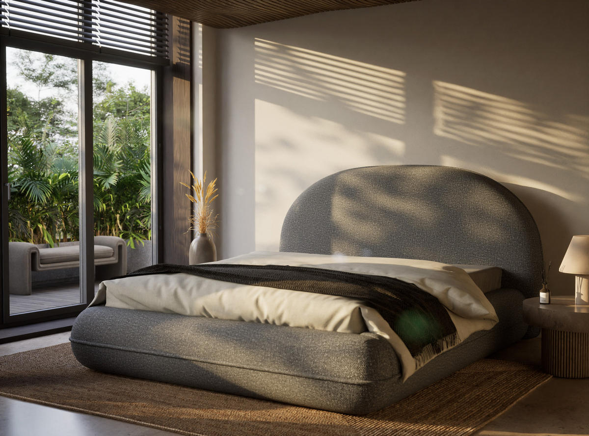 POLSTERBETT Koji Grau 140/200 cm im Boucle-Stoff - Schwarz/Naturfarben, Holz/Holzwerkstoff (140/200cm) - Maison de Reve