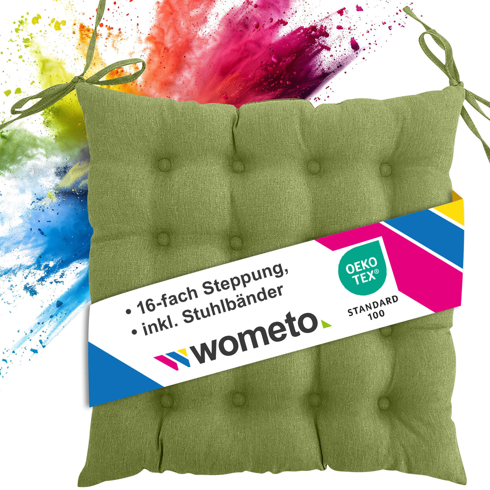 SITZKISSEN 16-Punkt grün 40/40 cm mit Steppung und Halte-Bändern - Grün, Textil (40/40/4cm) - wometo