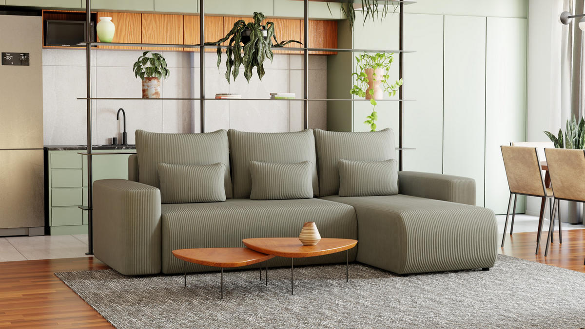 ECKSOFA Travis mit Bettkasten und Schlaffunktion, L-Form, Cord, Universal - Grau, Holzwerkstoff (248/148cm) - 4ALL HOME