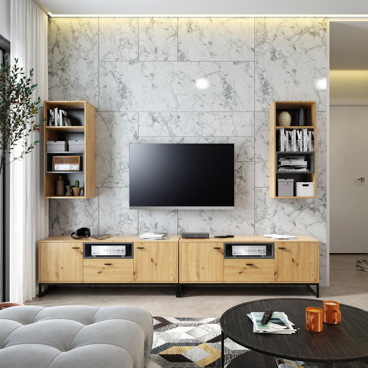 BÜCHERREGAL OMAN mit 2 Schubladen, eiche Artisan+Schwarz - Schwarz/Eiche Artisan, Holzwerkstoff/Metall (60/202/40cm) - Beautysofa