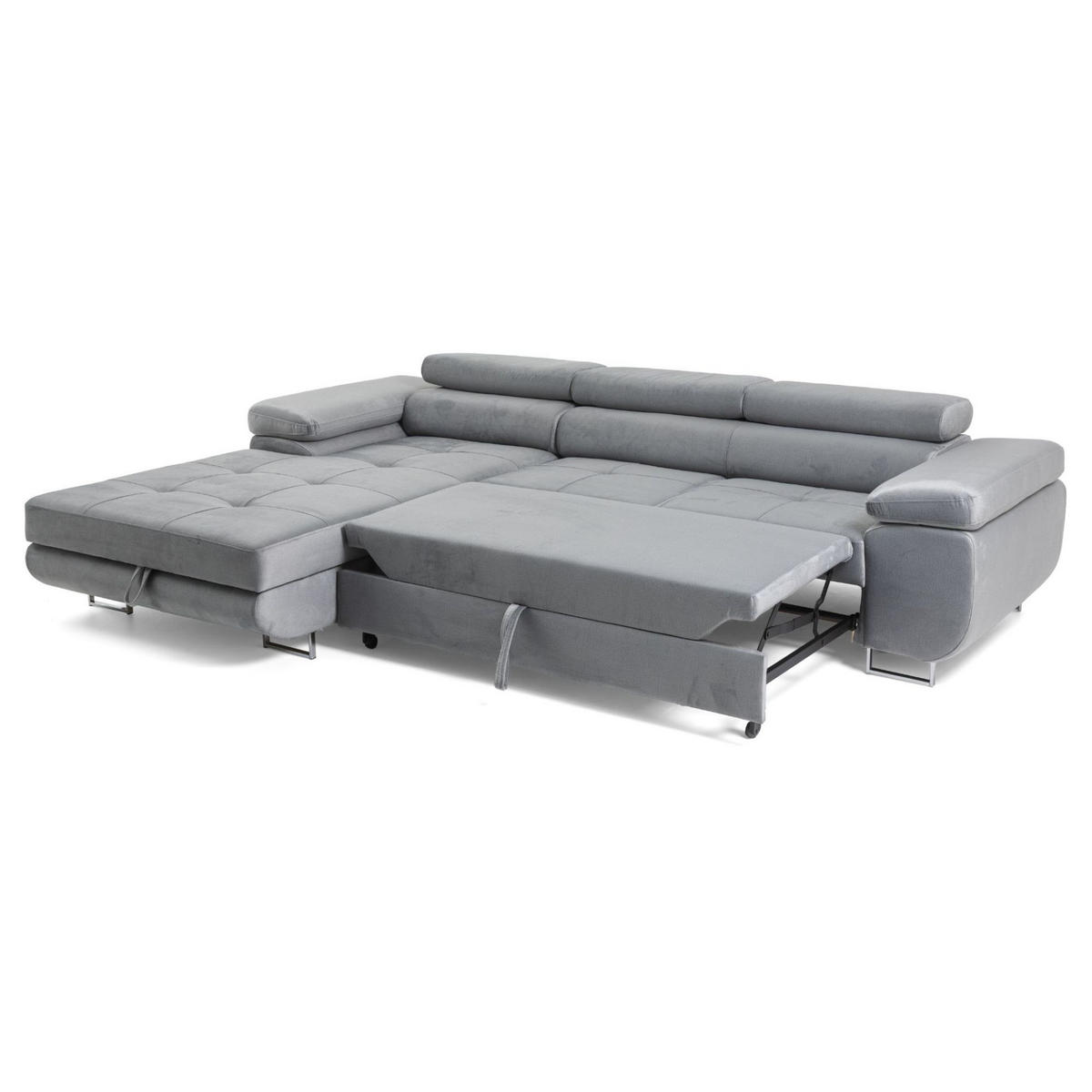 ECKSOFA ALONZO L Links mit Schlaffunktion 125x195 Velours Hellgrau - Silberfarben/Hellgrau, Holz/Textil (275/203cm) - Muffo