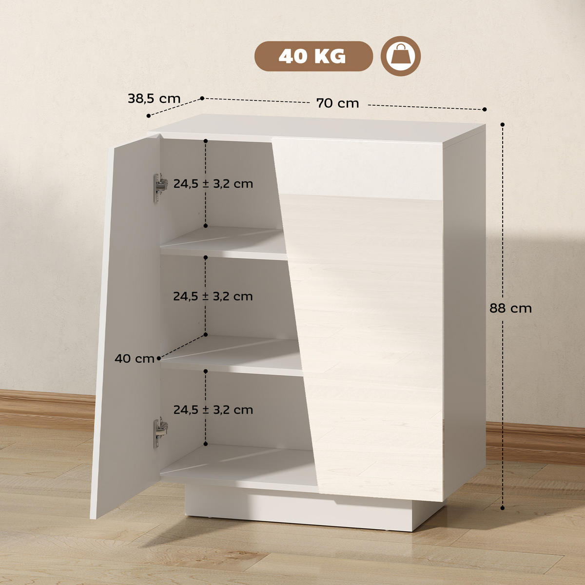 SIDEBOARD DE-11192 2 Türen mit verstellbarem Boden Weiß Hochglanz - Weiß, Holzwerkstoff (70/88/40cm) - ComfortXL
