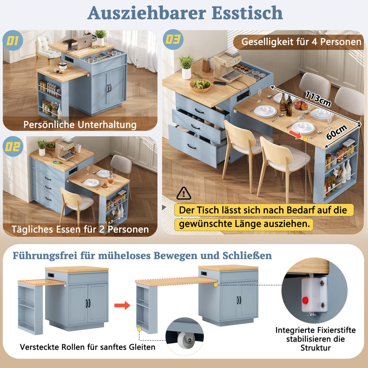 KÜCHENINSEL 125,5-187,5/71/93 cm aus MDF mit ausziehbarer Tischplatte, LED-Beleuchtung, USB/Type-C und Rollen, Blau - Hellblau, Holzwerkstoff (125.5/93/71cm) - Redom