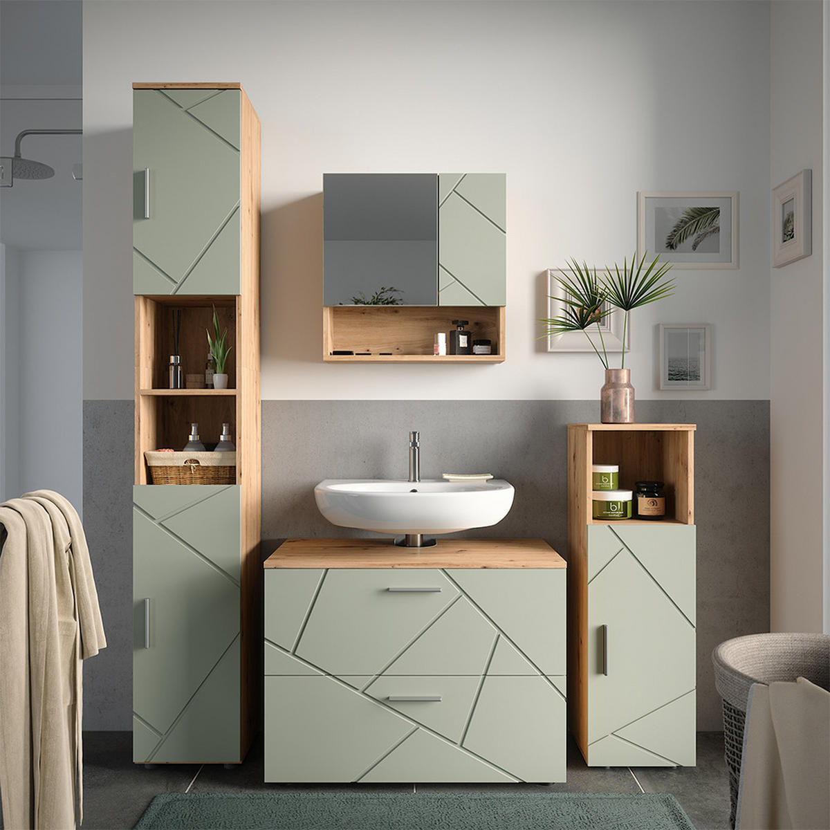 WASCHBECKENUNTERSCHRANK Irma Salbeigrün 80 x 58.6 cm mit Schubladen - Salbeigrün/Hellgrau, Holzwerkstoff (80/58.6/41cm) - Vicco