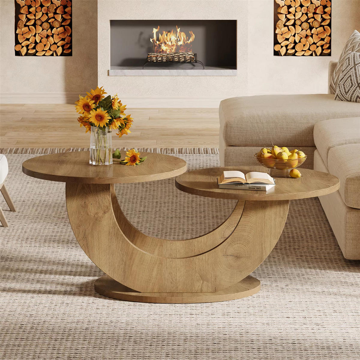 COUCHTISCH Rund 115 cm mit U-Gestell - Naturfarben, Holz (60/115/50cm) - Bomclap