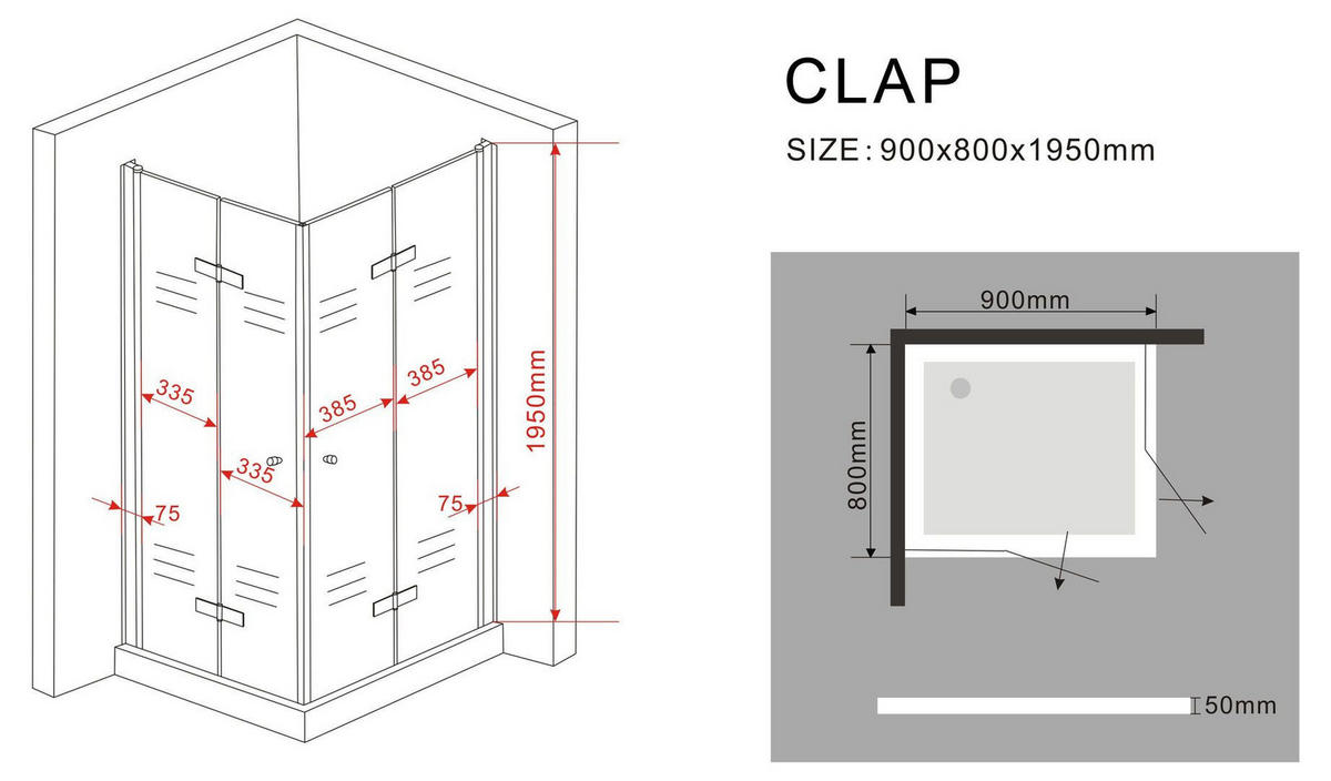 DUSCHKABINE CLAP Klar 80 x 90 x 195 cm 8 mm ESG - Klar, Glas (90/80/195cm) - Glasdeals
