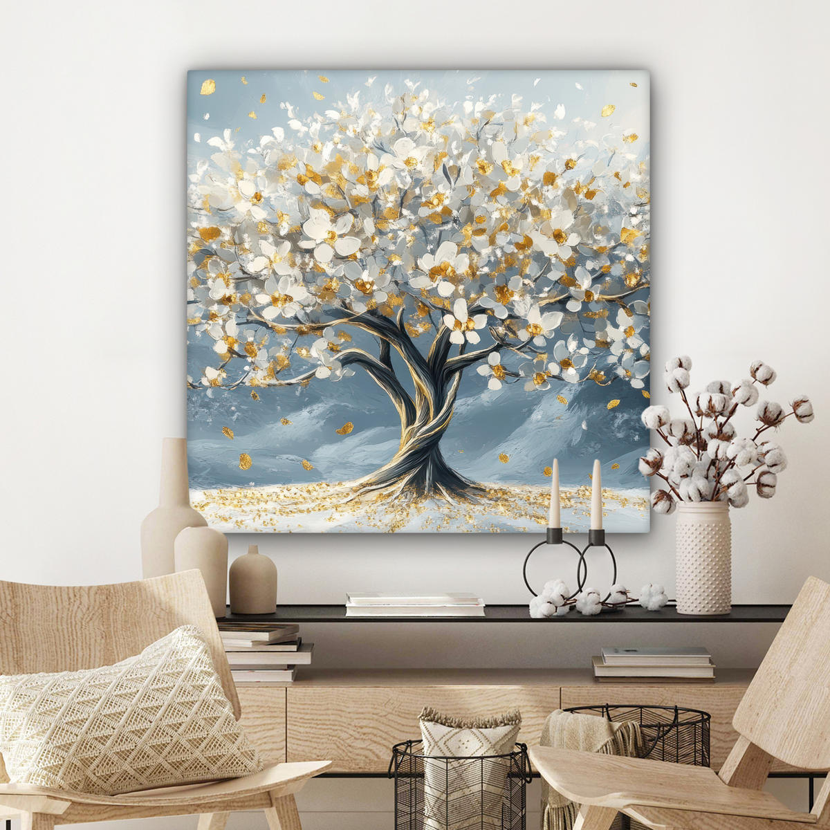 LEINWANDBILD Baum - Winter - Baum des Lebens - Modern - Gold Deko Groß 90x90 cm - Goldfarben, Textil (90/90cm) - MuchoWow