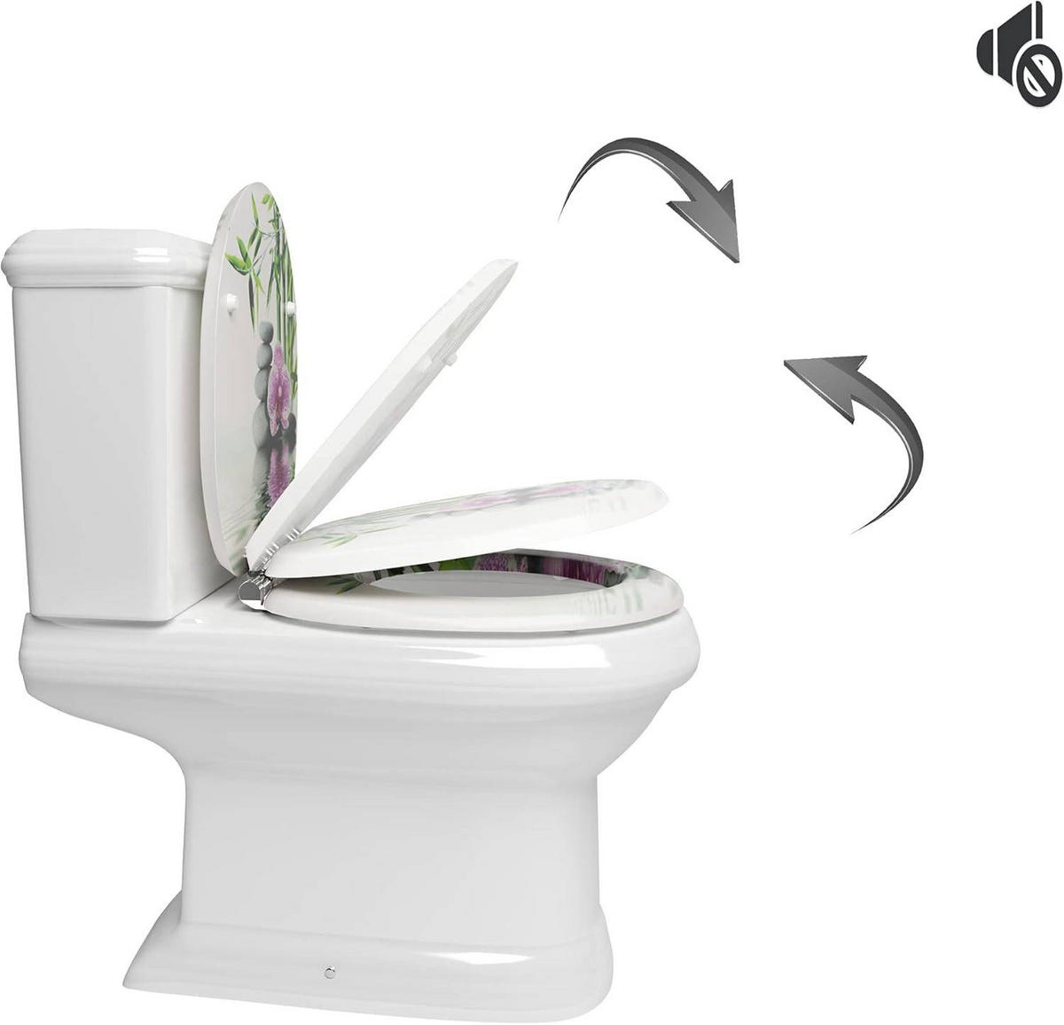 WC SITZ mit Absenkautomatik, MDF Holzkern,Steine Blumen - Weiß, Holzwerkstoff (37/2.5/43cm) - Woltu