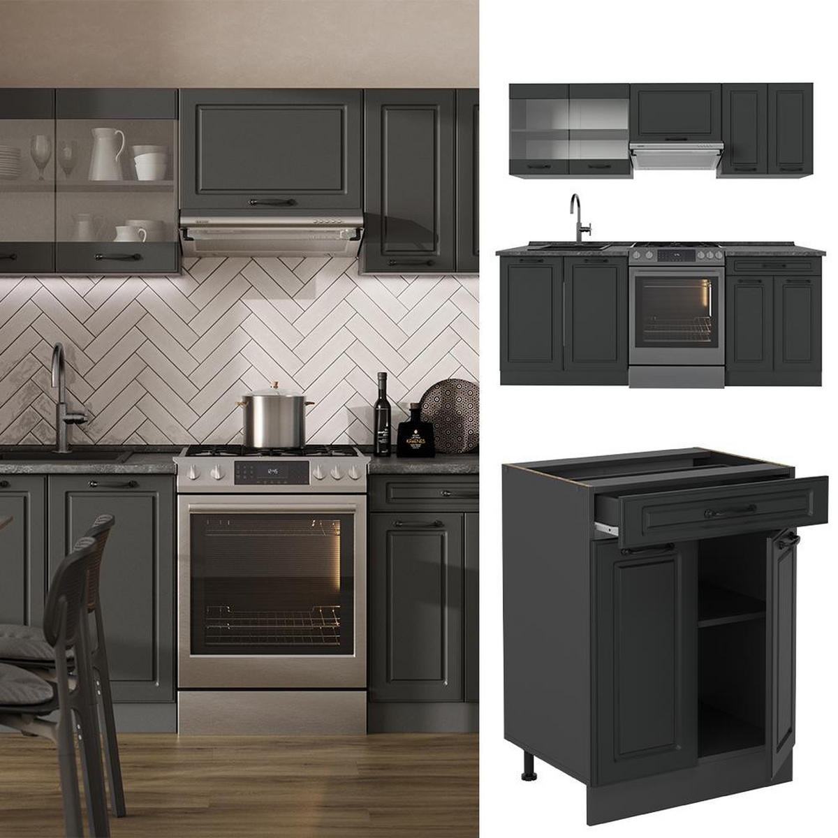 KITCHENETTE R-Line Casă de țară antracit/antracit 200 cm , AP Antracit - antracit, compozit lemnos (200/81.6/60cm) - Vicco