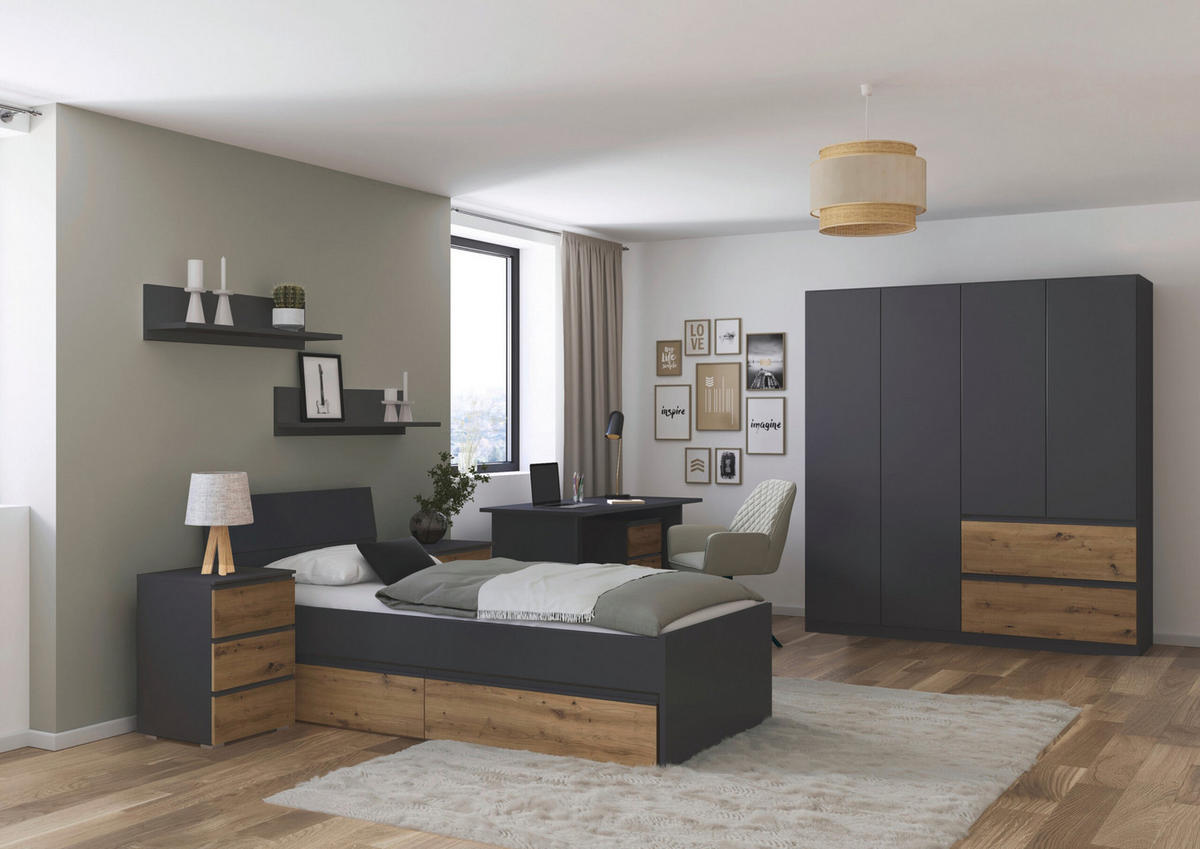 JUGENDZIMMER Joel in Grau Metallic und Artisan Eiche 5 teilig – mit 4trg Kleiderschrank, 90er Bett, Nachttisch, Schreibtisch und Rollcontainer - Grau, Holzwerkstoff (80/200/120cm)