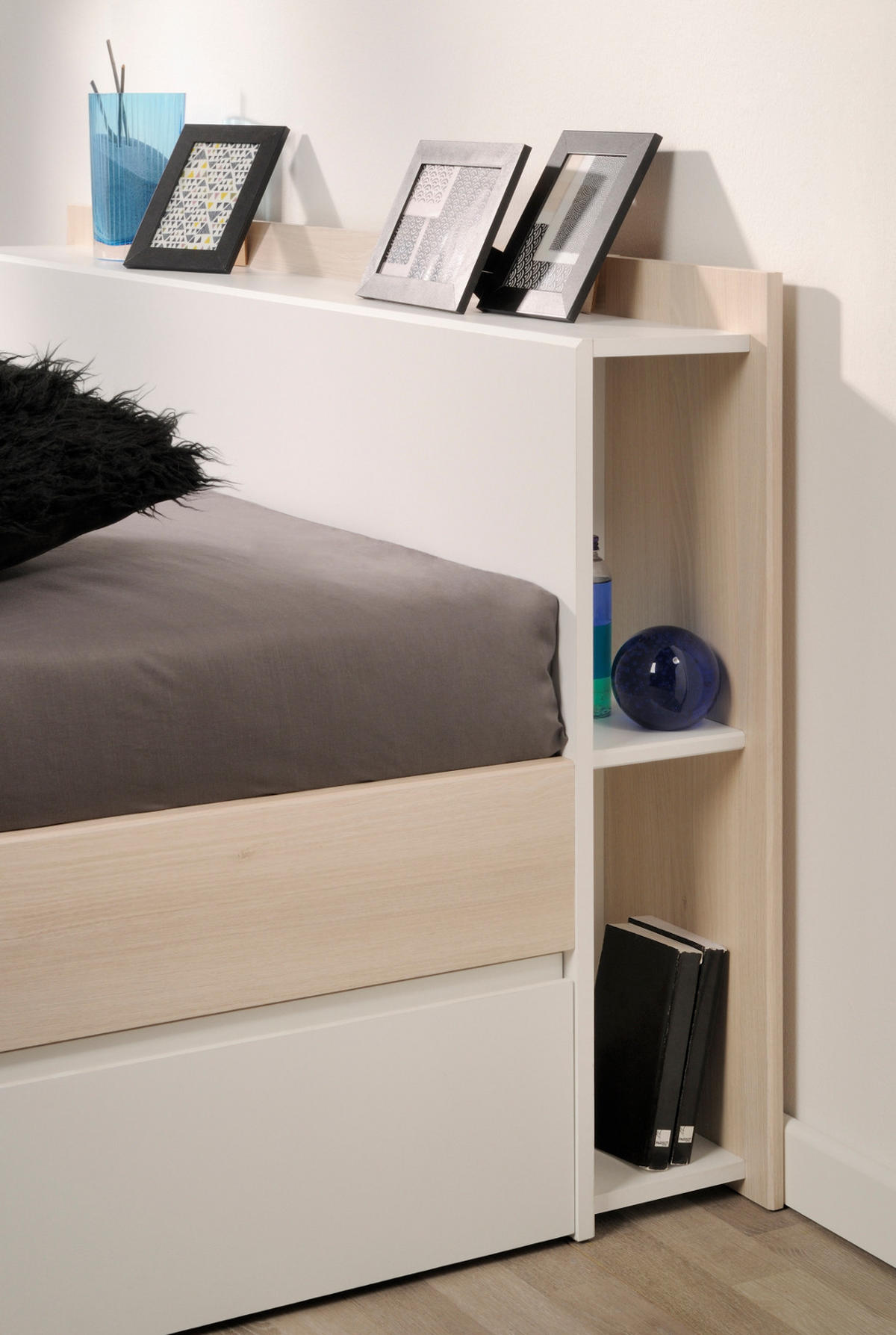 BETT mit Regal und 3 x Schubkasten Stauraumbett 140 x 200 cm - Eichefarben/Weiß, Holz/Holzwerkstoff (140/200cm) - Parisot Meuble