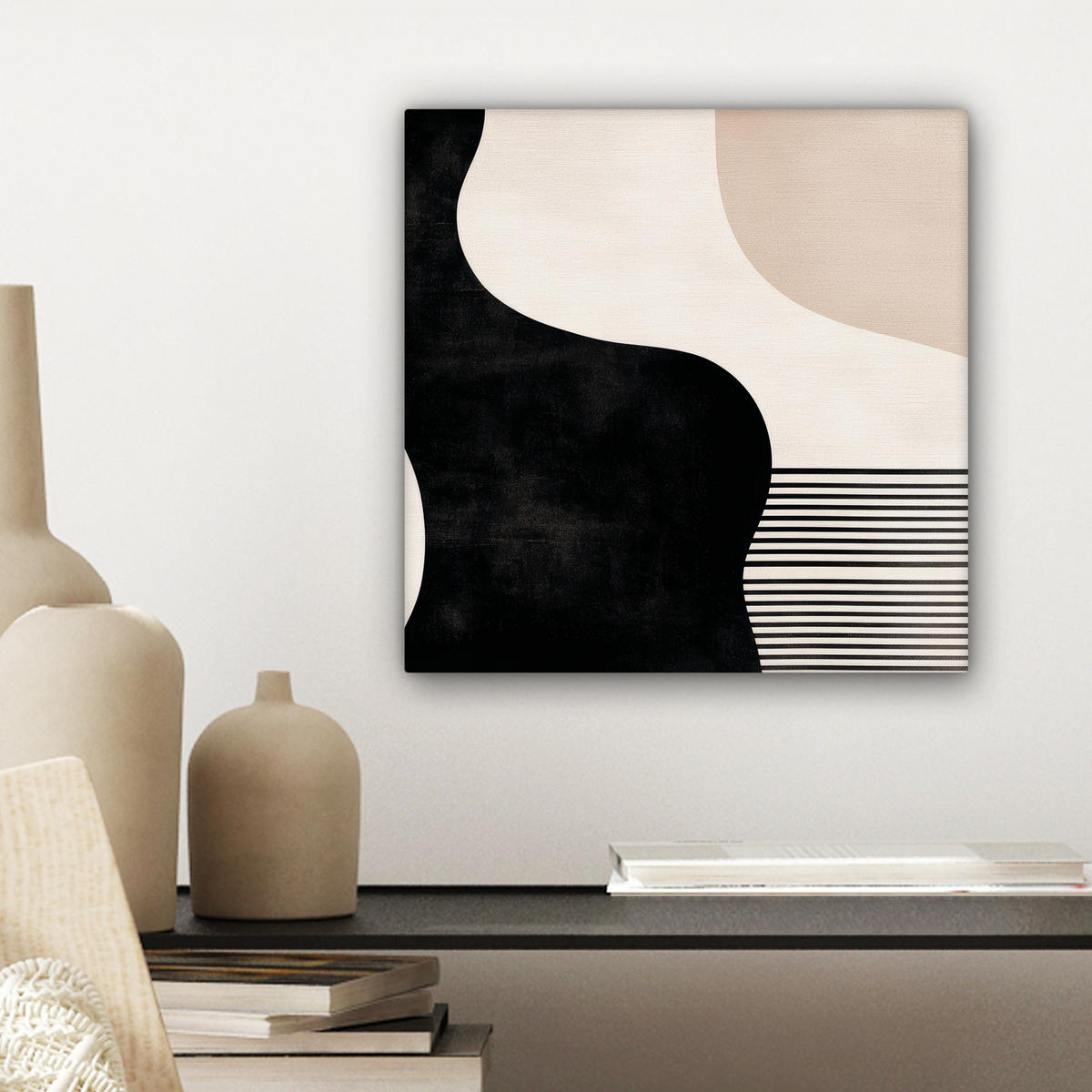 LEINWANDBILD Abstrakt - Japandi - Beige - Modern Deko Wohnzimmer 20x20 cm - Schwarz, Textil (20/20cm) - MuchoWow