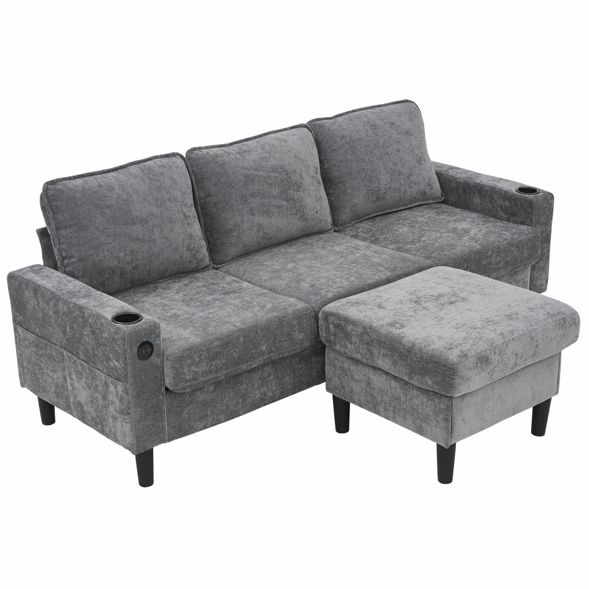 ECKSOFA Gepolstertes 3-Sitzer mit Fußhocker und USB und Typ-C-Anschlüssen Grau Leinen 202/137/80 cm - Grau, Textil (202/137cm) - OKWISH