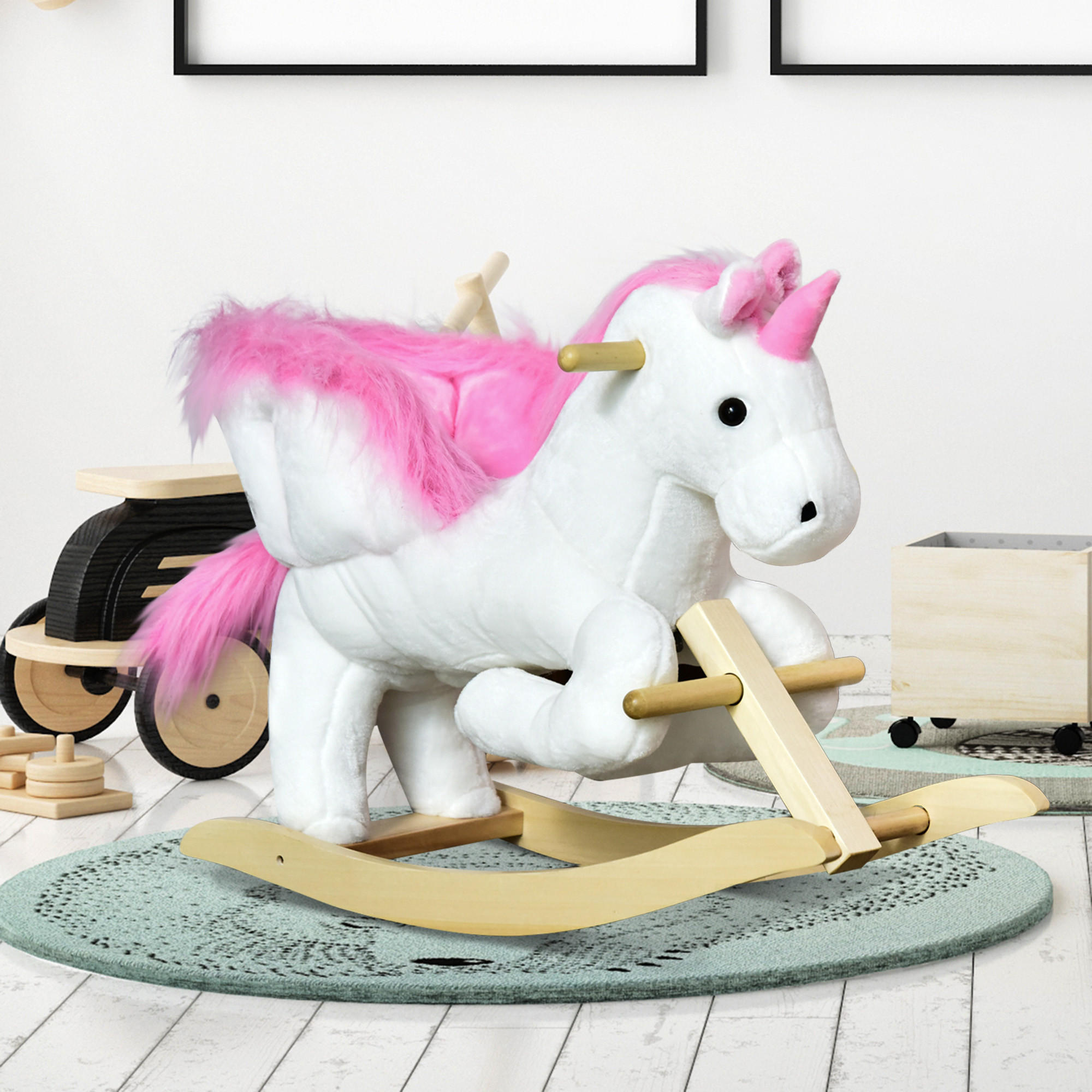 KINDER SCHAUKELTIER, Rosa+Weiß, Plüsch+ Holz - Rosa, Holz (32/55/65cm) - HOMCOM