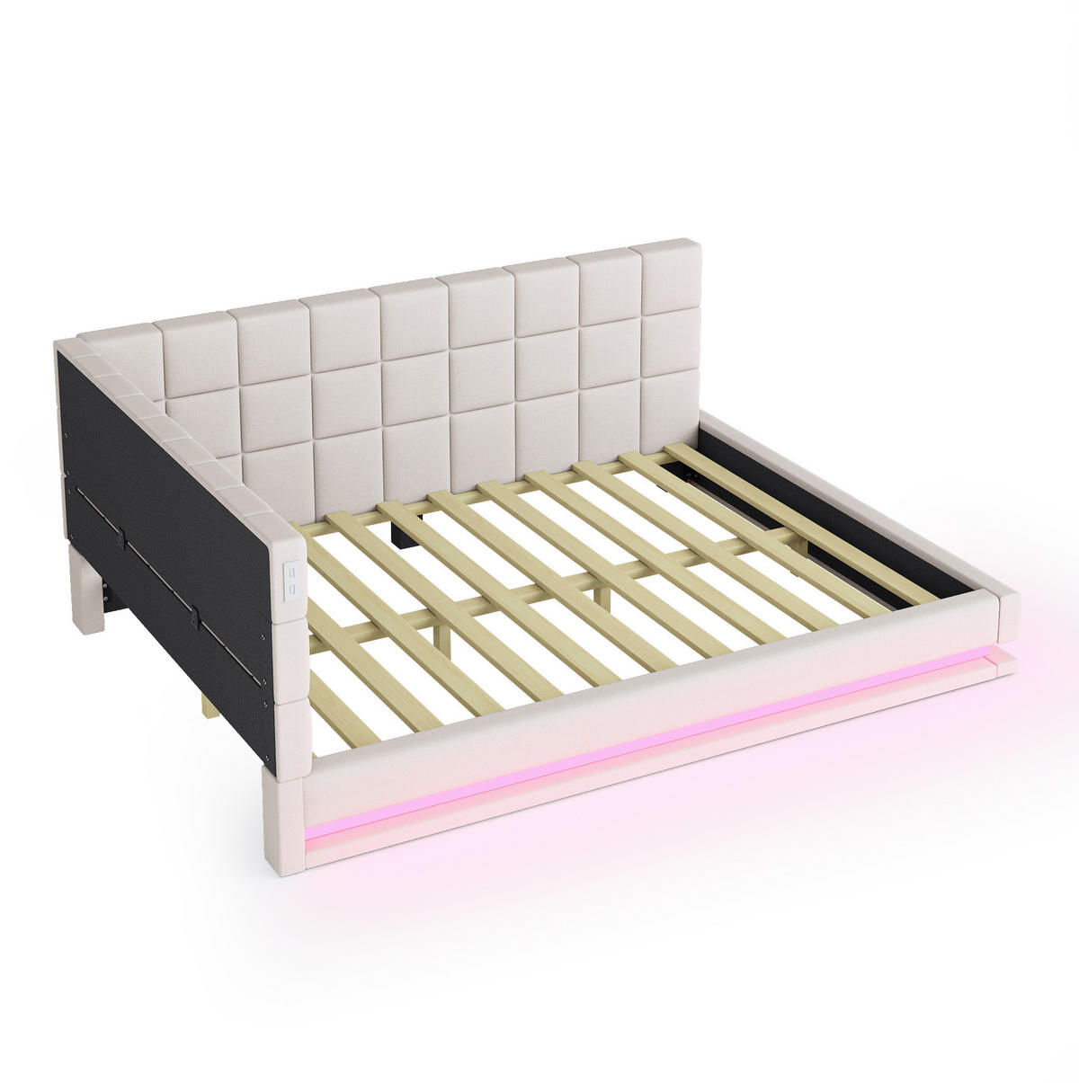 POLSTERBETT 140/200 cm aus Leinen mit LED-Lichtleiste und USB-Anschluss Beige - Beige, Leder (140/200cm) - Modenvie