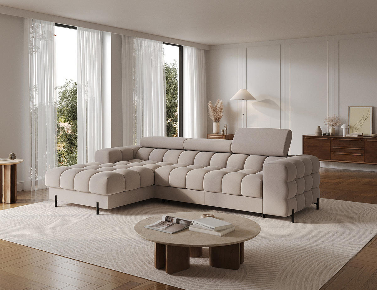 ECKSOFA FELRO mit Schlaffunktion, Bettkasten & verstellbaren Kopfstützen – Modernes Premium-Ecksofa in L-Form - Beige, Kunststoff (285/181cm) - Wohnideebilder
