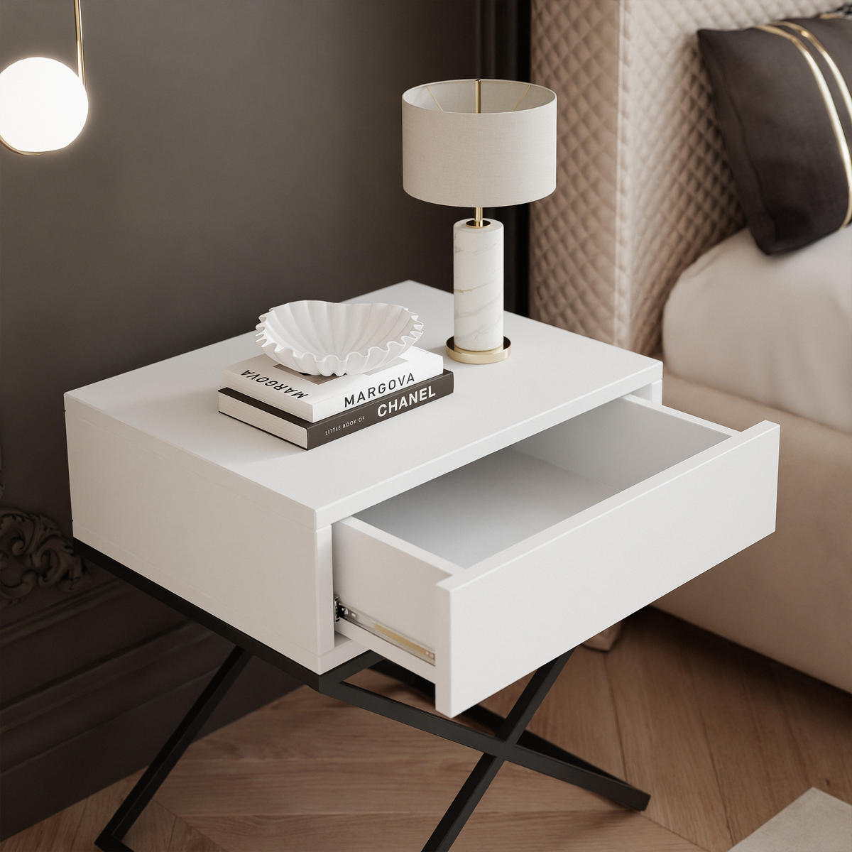 NACHTSCHRANK KSENO mit Schublade, 45/35/50 cm, Schwarz / Weiß - Schwarz/Weiß, Holzwerkstoff/Metall (45/50/35cm) - Idohome