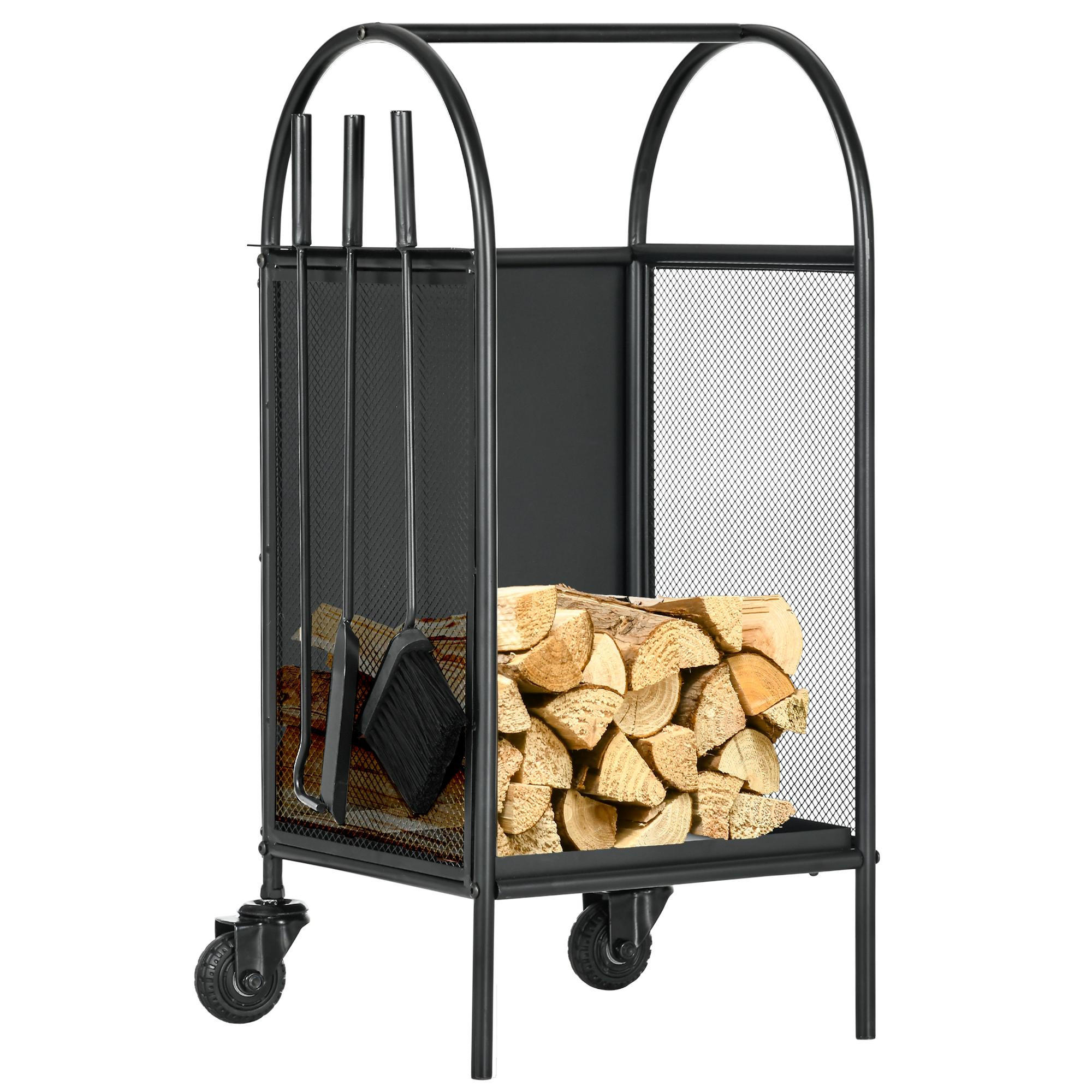 KAMINHOLZREGAL DE-18352 rollbar mit 3-teiligem Zubehör Schwarz - Schwarz, Metall (37.5/80/37.5cm) - ComfortXL
