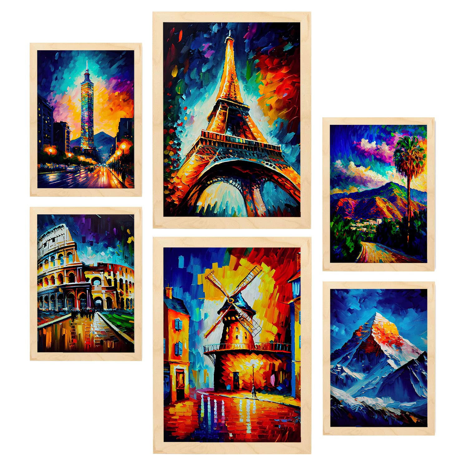 POSTER Set Mit 6 Hoch Aufragend Im Ölgemälde A3 & A4 Rahmen Aus Hellem Holz - Beige, Papier (29/3cm) - Nacnic