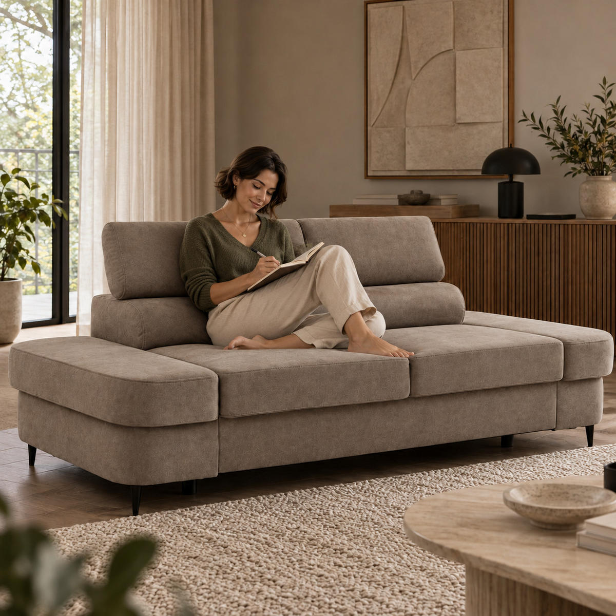 2-SITZER-SOFA PRIAM 206 cm Velours Beige - Beige/Schwarz, Holz/Textil (206/95/102cm) - Muffo