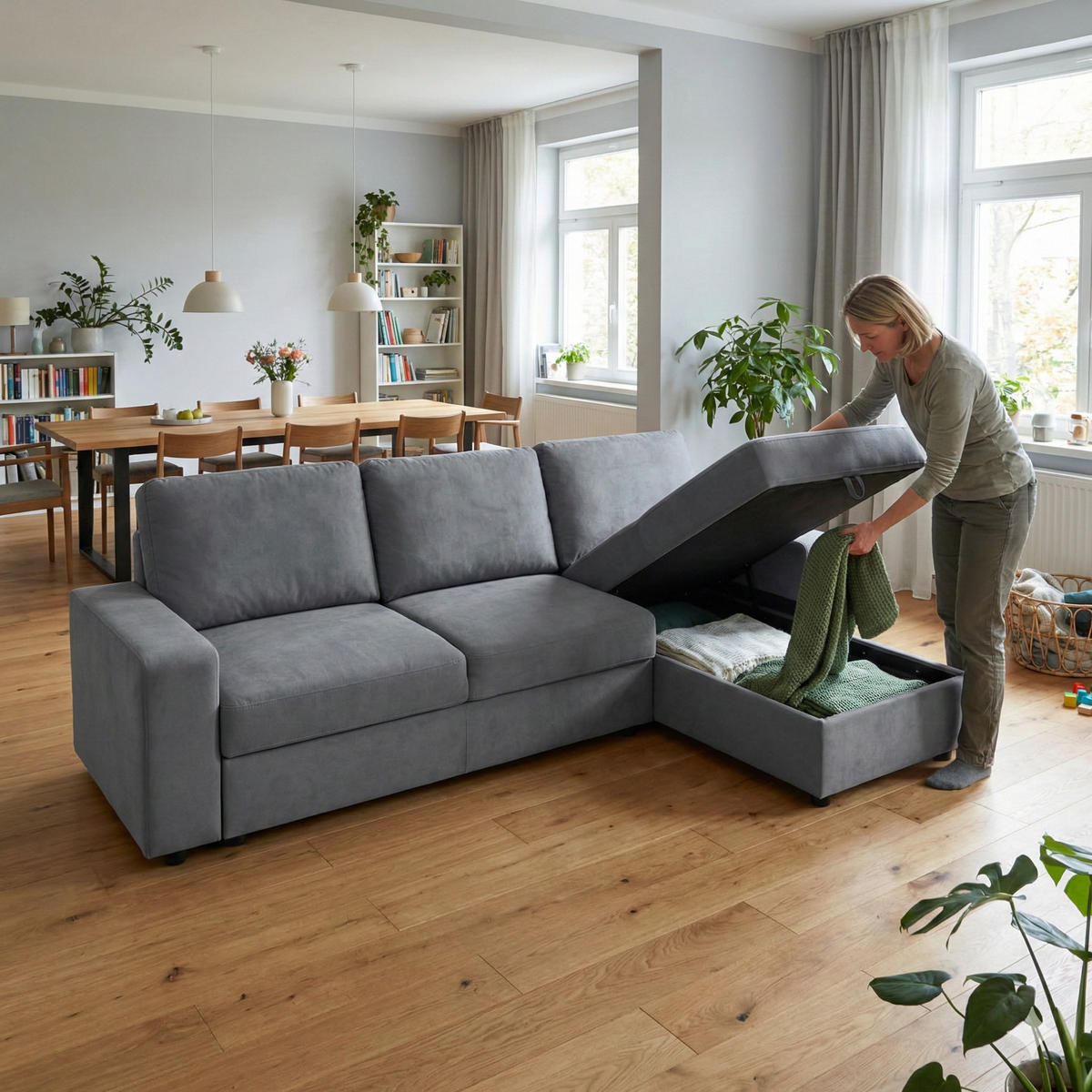ECKSOFA 245.5/150.5/86.5 cm Grau mit Stauraum und Ottomane - Grau, Textil (245.5/150.5cm) - Oxeza