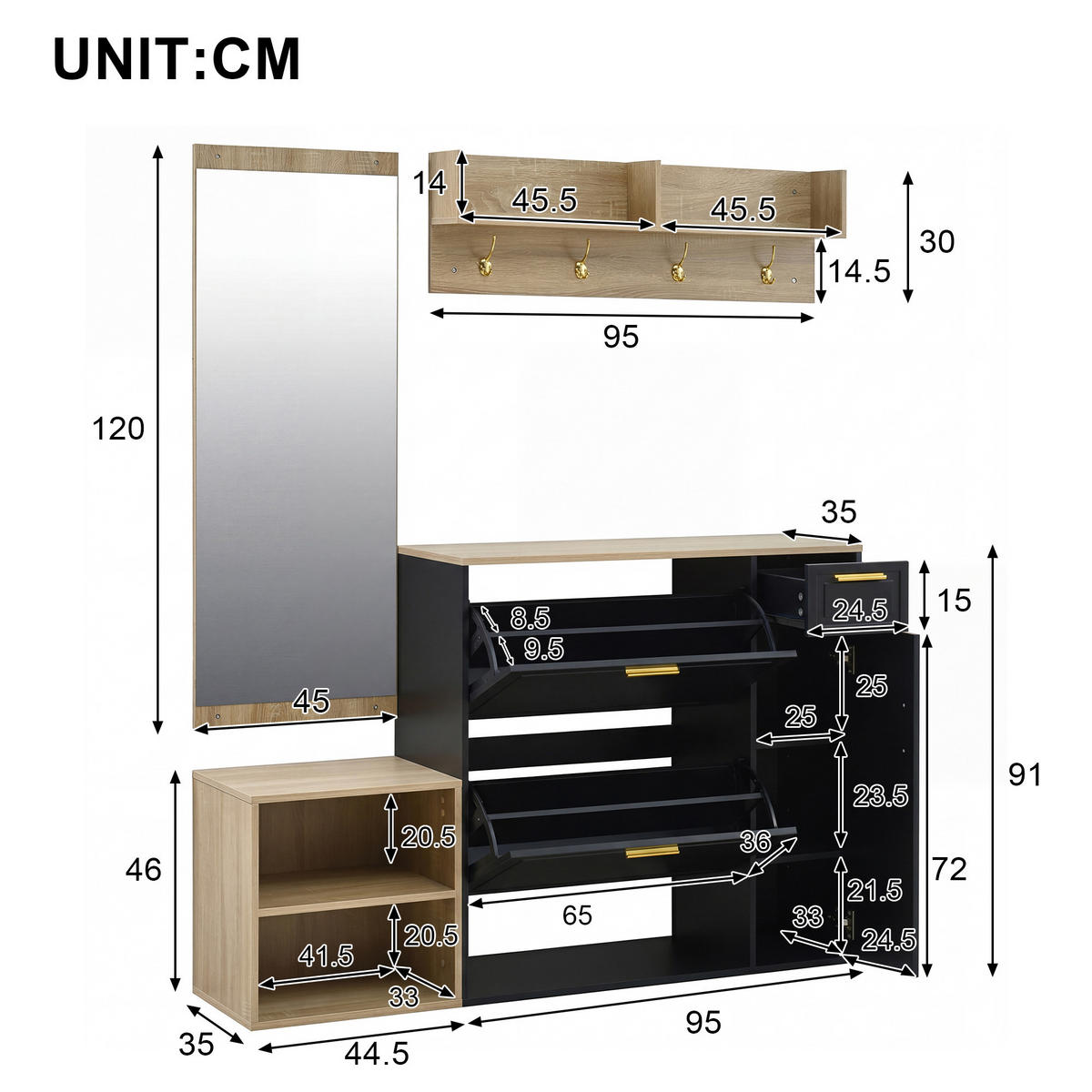 GARDEROBEN-SET in Schwarz Flurmöbel-Set mit Schuhschrank, Sitzbank, Wandgarderobe & Spiegel, B139.5/T35/H166 cm - Schwarz, Holzwerkstoff (130/174/30cm) - STILVORA