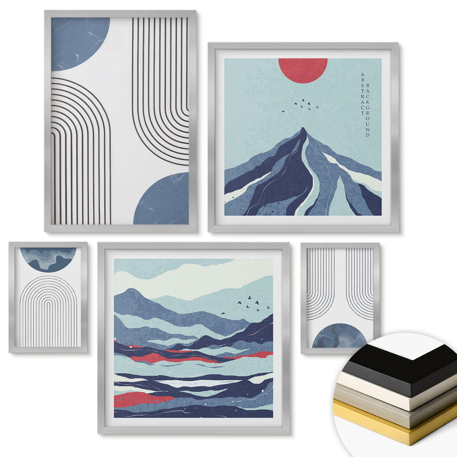 WANDBILDER 5er Set - 50x50 cm & 20x30 cm & 40x60 cm Silberner Rahmen - Zitronenbäume im Topf - Silberfarben, Kunststoff (40/60cm) - ArtPrintCave