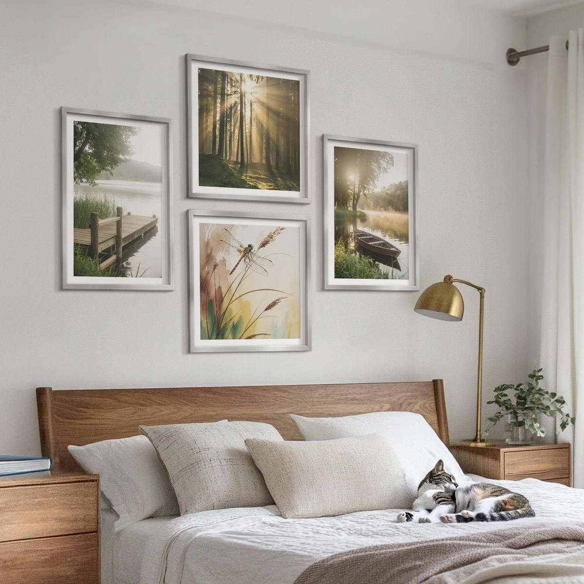 BILDER SET 4er Set - 50x50 cm & 40x60 cm Silberner Rahmen - See, Wald, Boot, Morgennebel - Silberfarben, Kunststoff (50/50cm) - TULUP