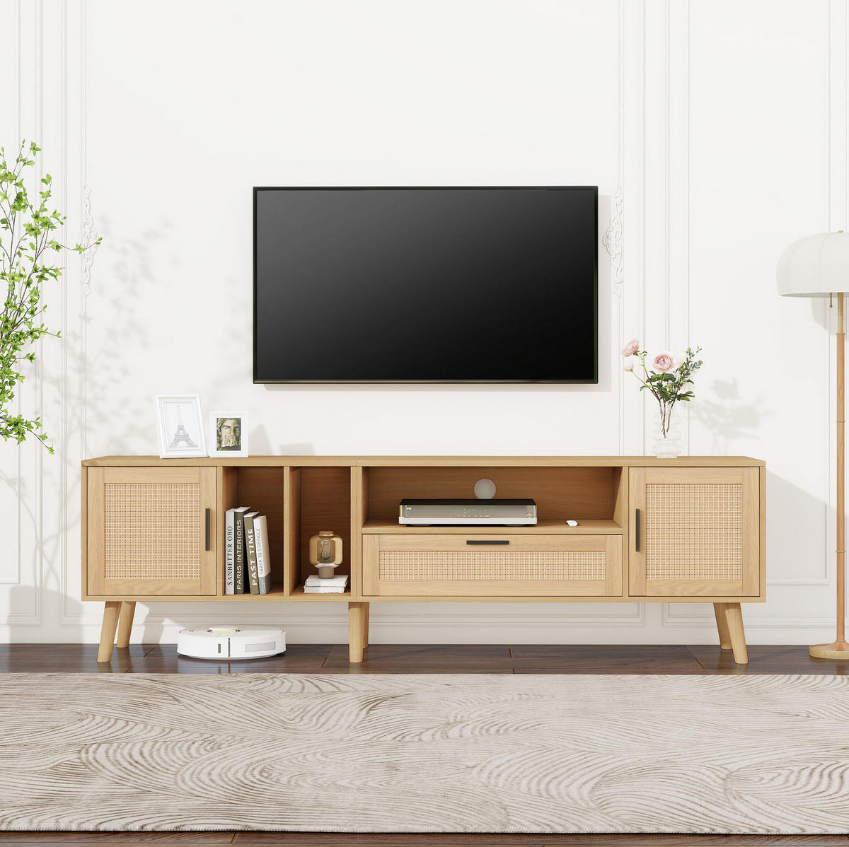 TV-ELEMENT mit Rattan-Dekor 180 cm Holzoptik mit 2 Türen und 1 Schublade - Braun, Holzwerkstoff (40/54/180cm) - Beauniv