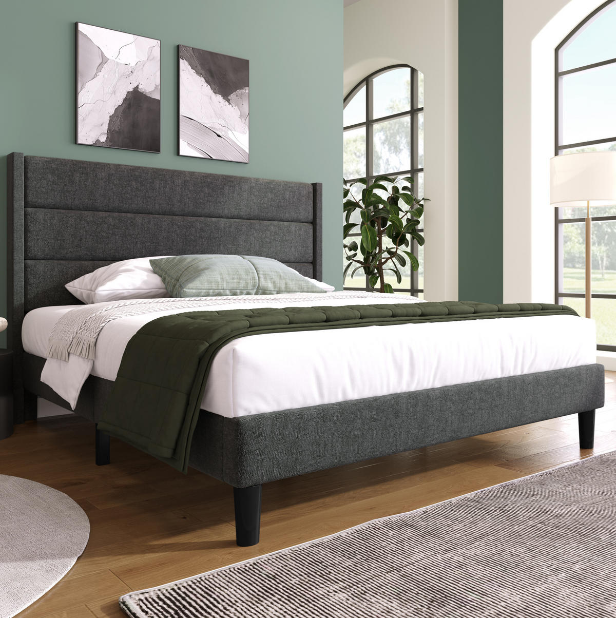 POLSTERBETT 140/200 cm dunkelgrau aus Leinen mit Matratze - Dunkelgrau, Textil (140/200cm) - OKWISH